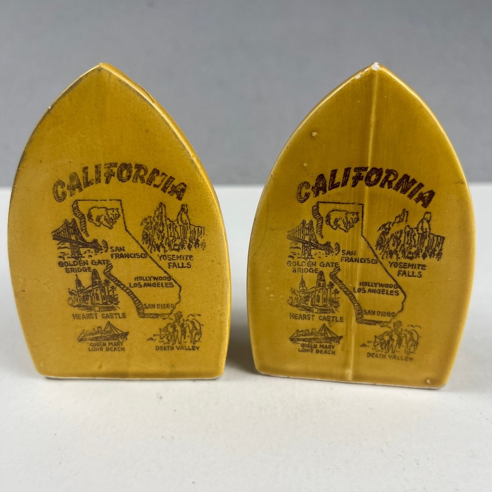 Vintage California Flat Iron Salt and Pepper Shakers Yellow Ceramic Set Souvenir